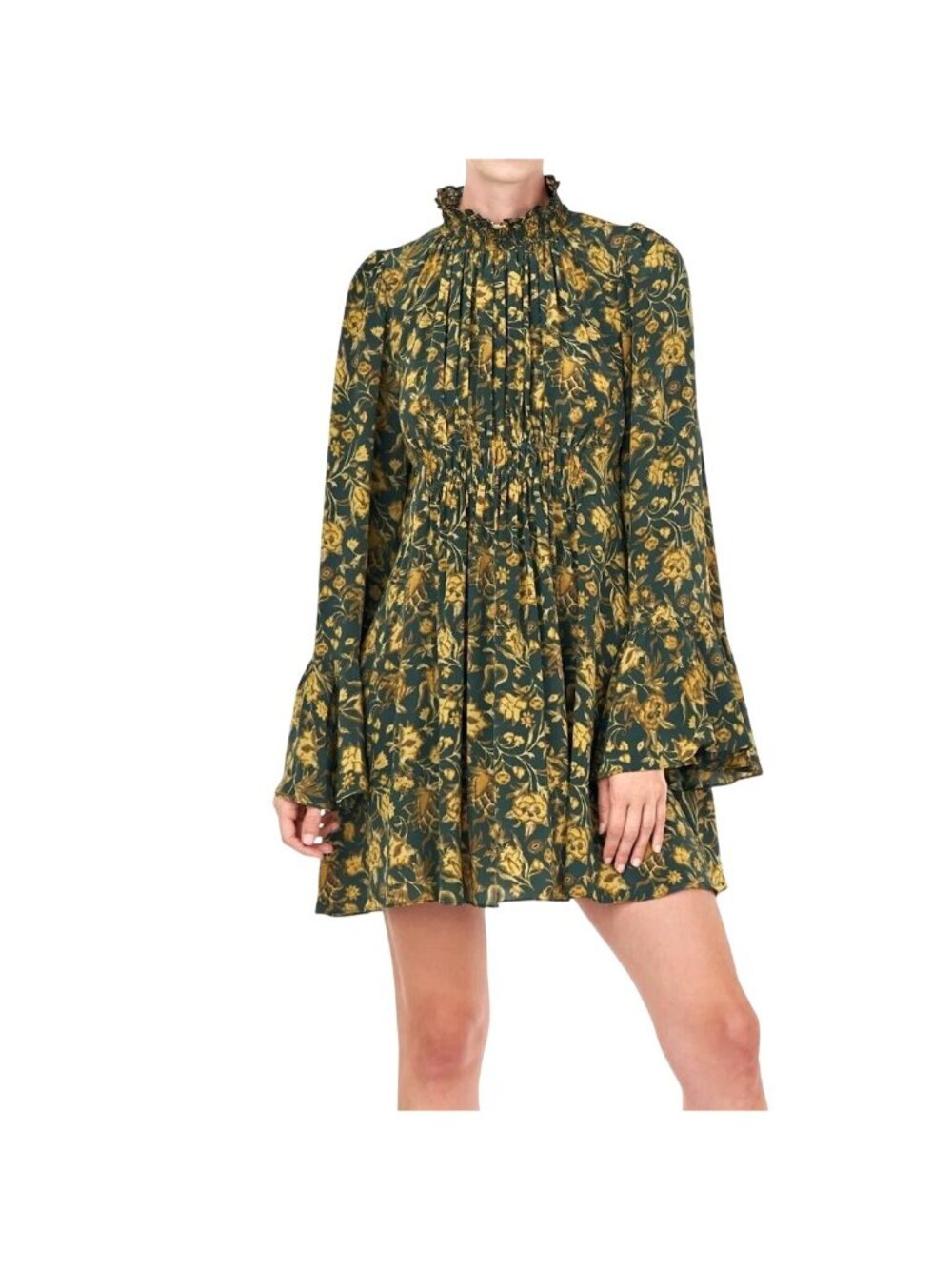 AMUR Sorah Emerald Green Floral Silk Crepe Mini Dress High Neck Bell Sleeve M